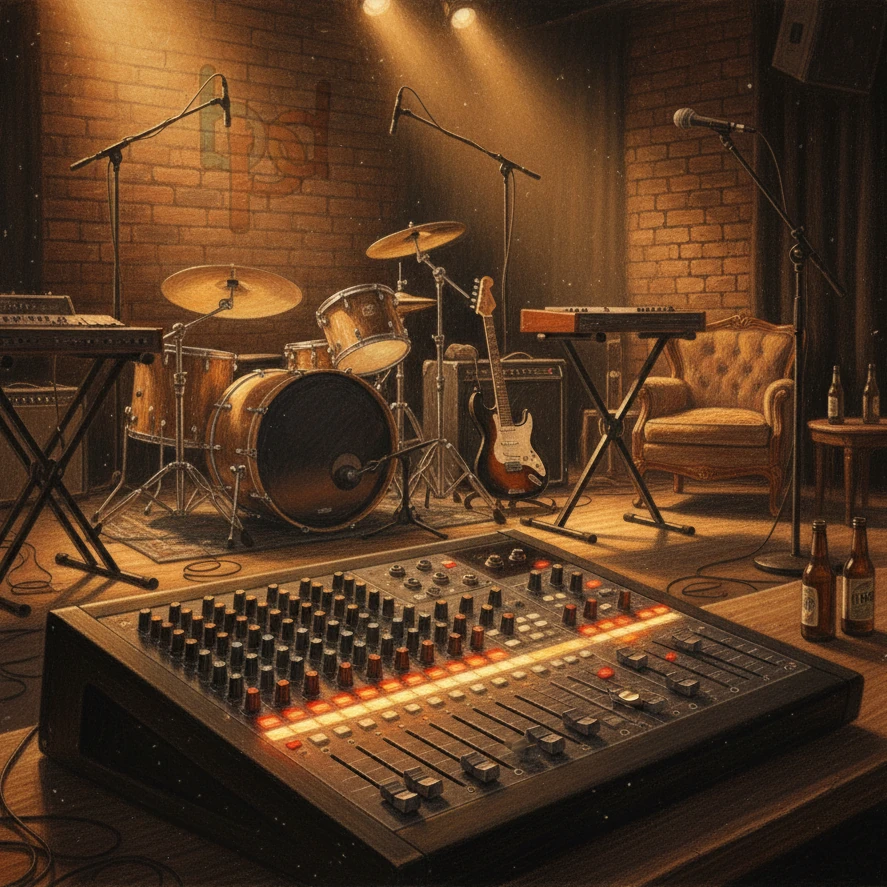 Mesa de mezclas para grupo de música en ensayo